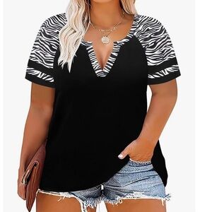 Black and White Zebra Print Split V Neck Tunic Top Women’s 2X